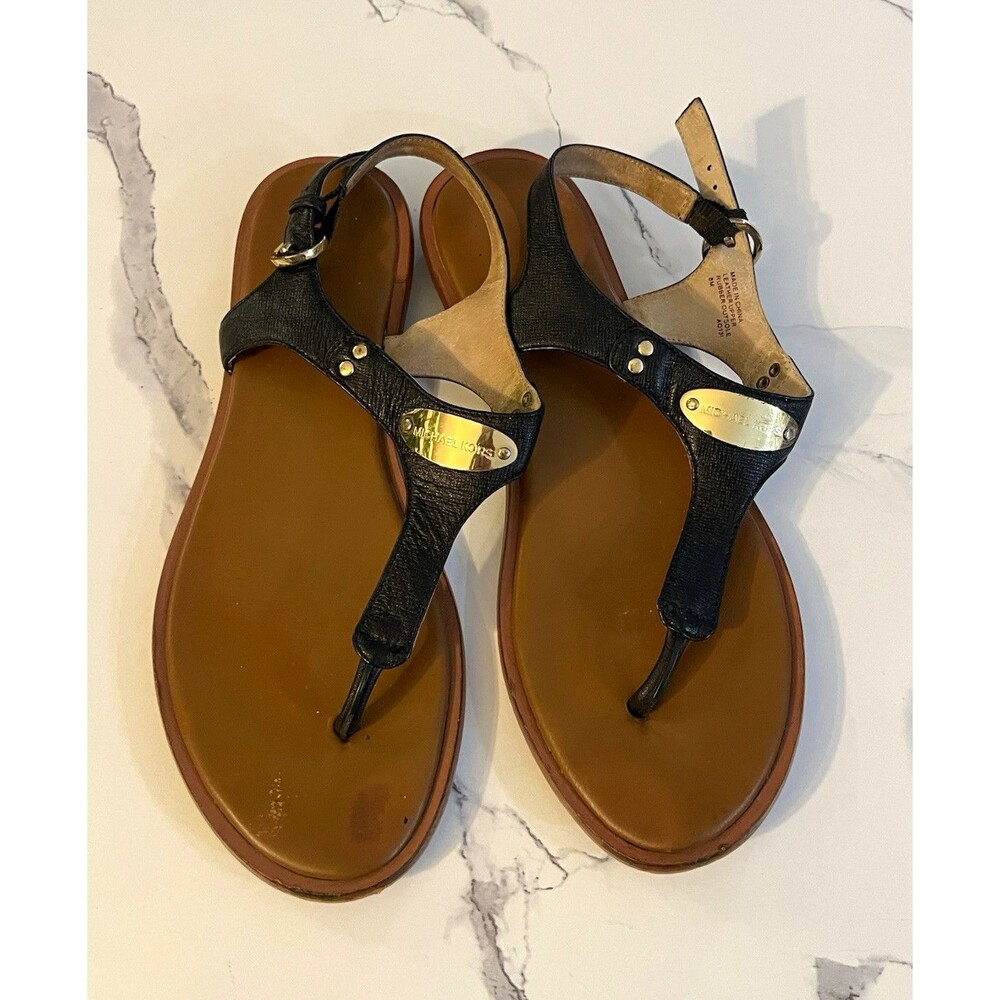Michael Kors Black Leather Gold Plated T-Strap Flat Sandals Size 8M Thong Sling